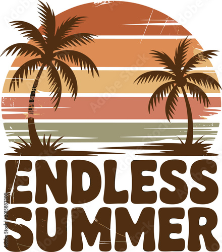 Endless summer text with retro sunset and palm tree silhouette