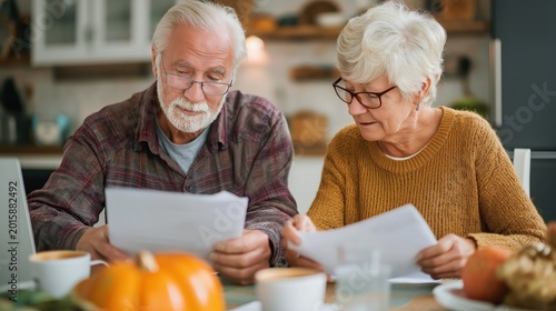 An elderly couple reviews documents together at a kitchen table, focusing intently on paperwork amidst a cozy home environment.