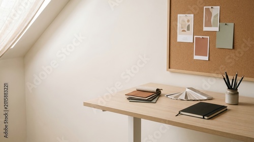 Designer workspace with mood board and fabric swatches