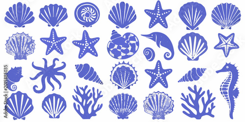 Schilderij op canvas Blue sea life silhouettes collection marine animal shapes
