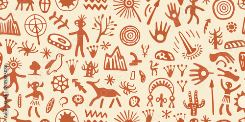 Bild auf Leinwand Seamless pattern of prehistoric cave paintings and tribal art