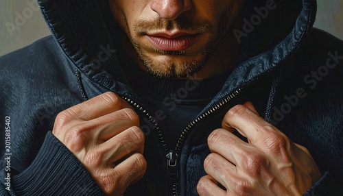 Man in dark hoodie zipping up.