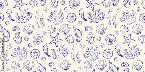 Photos seamless nautical pattern featuring seashells starfish and coral sketches