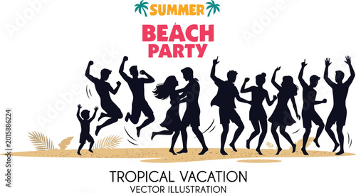 Konstfotografi Summer beach party vector illustration with dancing people
