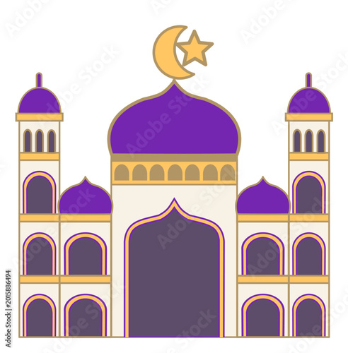 Muslim mosque.Masjid for Islamic.Islam temple.Eid Mubarak greetings, Ramadan Kareem banner background.Sign, symbol, icon and logo isolated.Happy Eid Al-Adha Mubarak.Cartoon vector illustration.