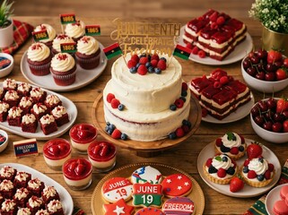 Juneteenth dessert table with themed cake cupcakes cookies and patriotic decorations for juneteenth celebration party background and holiday dessert display design