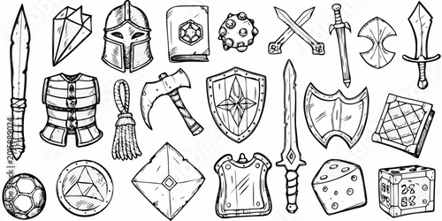Schilderij op canvas Hand Drawn Medieval Weaponry and Armor Set Black and White