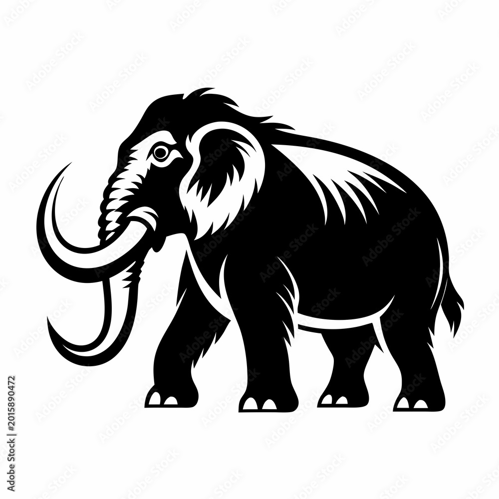 Fototapeta premium A sleek black and white vector illustration of a woolly mammoth standing in a minimalist and stylized design.