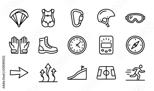 Tableau sur toile Extreme Sports Icons Set: Parachute, Helmet, Goggles, Compass, Ramp, Runner, 15