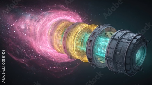 Sci-fi portal device with glowing energy and nebula