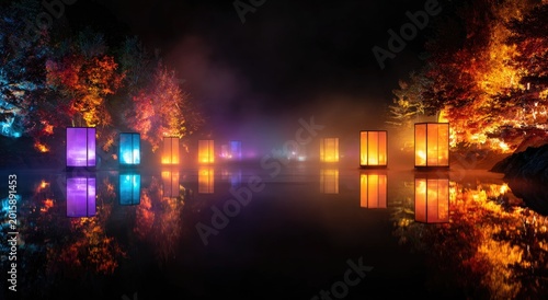 Magical Nighttime Lanterns Reflecting on Water.