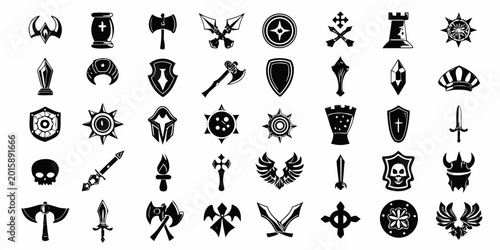 Εκτύπωση καμβά Fantasy weapon and shield icons set black and white