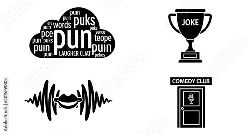Comedy Club, Joke Trophy, Word Cloud, Audio Wave, Stand Up Performance Icons