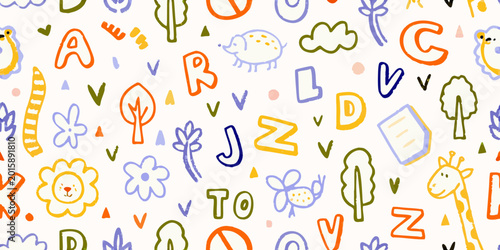 colorful alphabet pattern with playful illustrations and hand drawn style