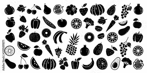 Collection of fruit silhouettes black and white botanical illustration