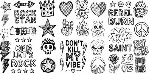 Fotografie Doodle collection with rock and rebel themed illustrations