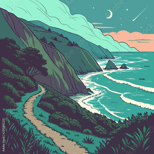 Foto Coastal path winds along a rugged cliff overlooking the ocean at twilight with c