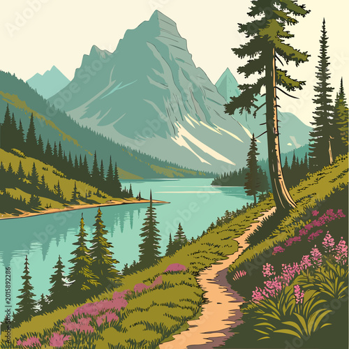 Canvastavla Scenic mountain lake surrounded by pine trees and alpine meadows with wildflower