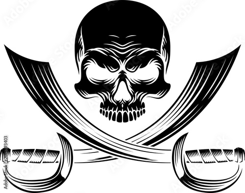 Foto Pirate skull crossbones with crossing sabers or scimitar cutlass pirate swords