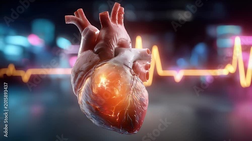 Anatomical heart illustration with pulse lines and glowing effect