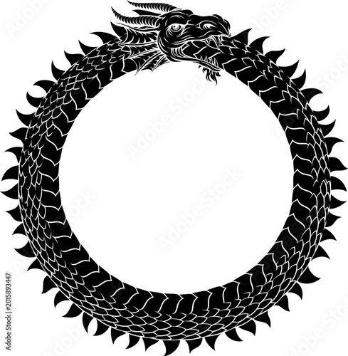 An Ouroboros or Uroboros circle dragon eating its tail circular symbol in a vintage woodcut etching style.