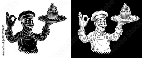 Black and white woodcut style illustration of cartoon bakery pastry chef baker giving thumbs up holding a tray with cupcake cake. For bakery, dessert menus, packaging, and culinary branding projects.