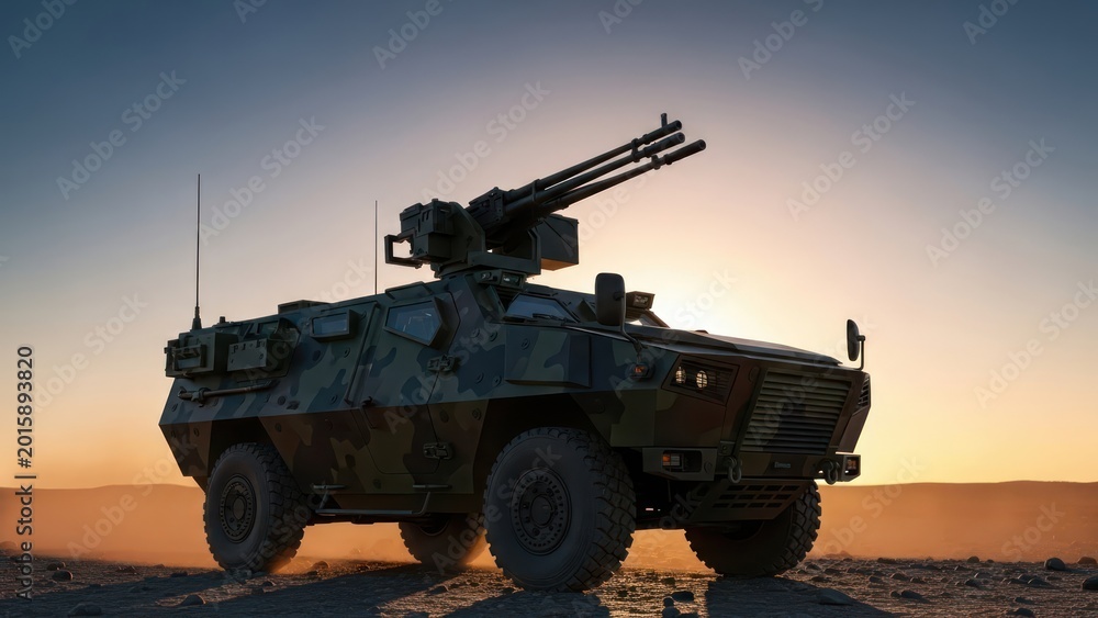 Fototapeta premium Armored vehicle equipped with a machine gun for surveillance and patrol activities in desert