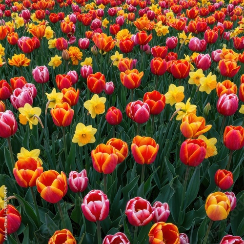 A vibrant, dense mass of colorful tulips and brilliant golden daffodils flourishing together, filling the sunny garden with the fresh scent of springtime, outdoors, sunny, narcissus