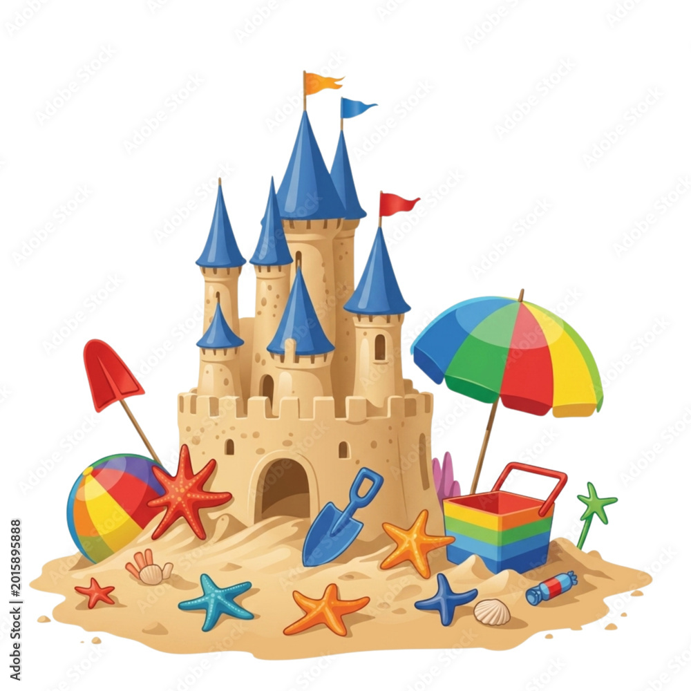 Obraz premium Whimsical Sandcastle with Colorful Beach Accessories Illustration