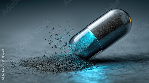 Transparent capsule spills dark powder with blue light glow on surface