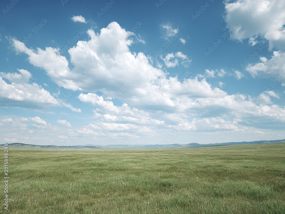 Obraz premium Plateau Alpine Meadow with Sparse Clouds, Open Summer Wilderness Landscape