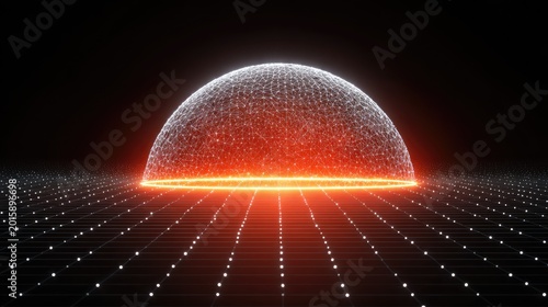 Glowing geodesic dome atop a grid with glowing orange base