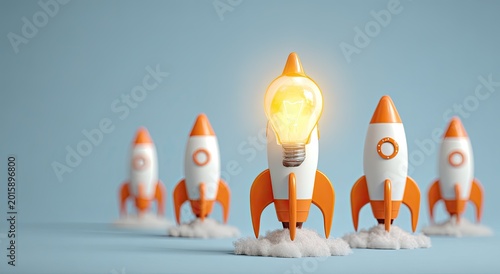 Bright idea rocket takes off from a fleet of rockets, on blue background