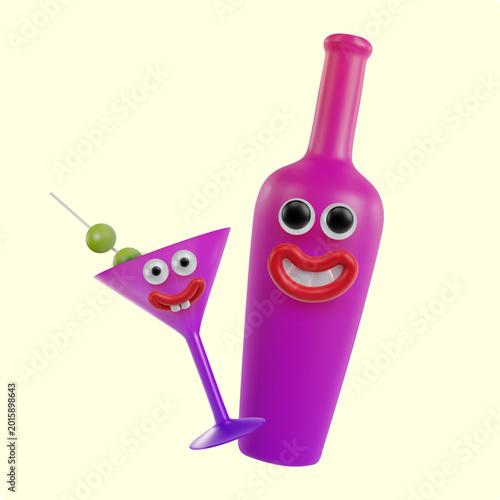 Fotografie 3D cartoon characters of purple martini glass with olives and tall magenta bottle, featuring happy smiling faces with teeth