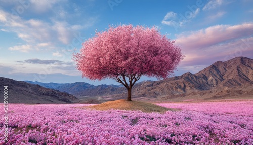 Single flowering tree blooms in a field of pink blossoms
