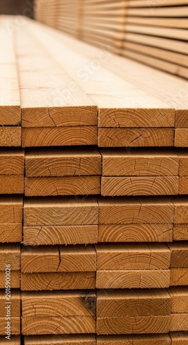 A close-up view of neatly stacked, high-quality hardwood lumber boards showing rich grain patterns suitable for construction projects, texture, forestry, building