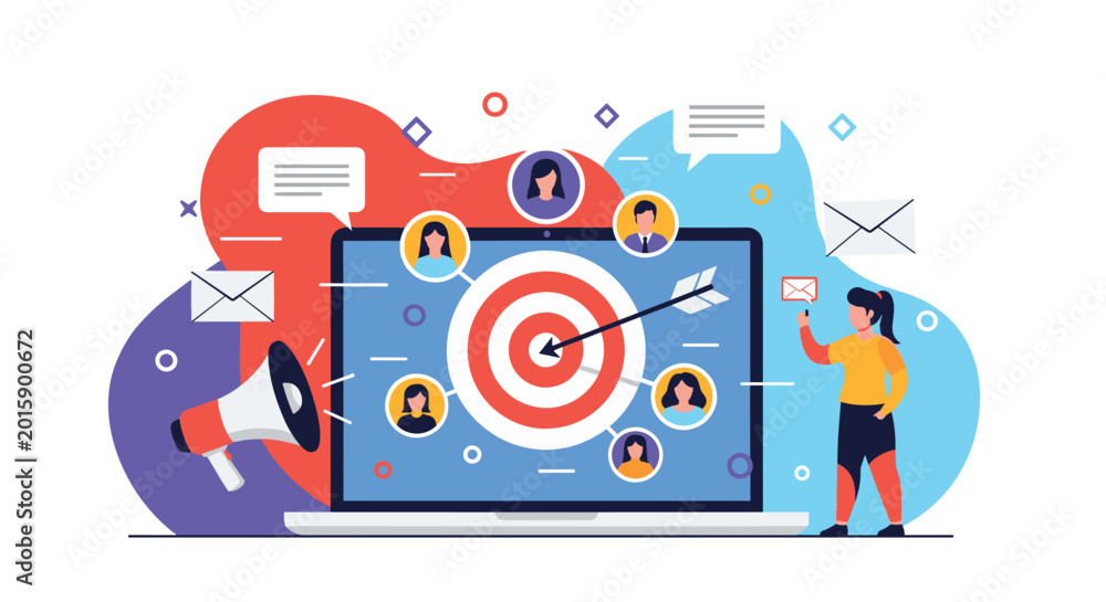 Naklejka premium Marketing concept with a large bullseye on a laptop screen and people icons representing digital target audience and advertising.