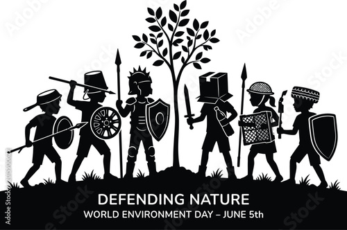 Fotografía Black silhouette illustration of warriors defending a tree against a white backg