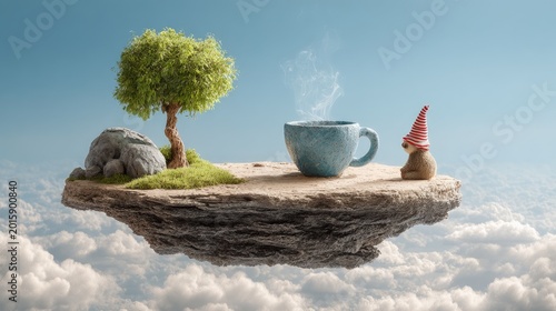 Miniature island paradise in sky with gnome, tree, hot drink