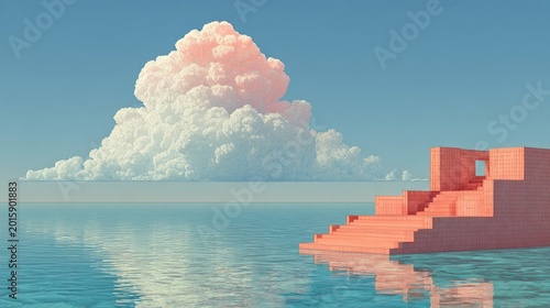 Surreal Dreamscape with Coral Steps Leading into Calm Water Under a Dramatic Sky.
