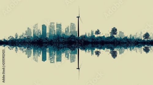Eco-friendly cityscape with wind turbine and reflection.
