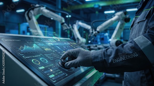 Engineer’s hand adjusting robotic factory automation controls and machine performance metrics, industrial futuristic setting,  Generated by AI
 