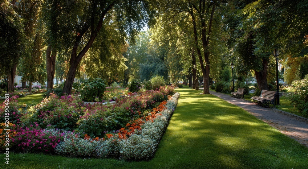 Fototapeta premium Sunlit park path lined with vibrant flowerbeds and mature trees