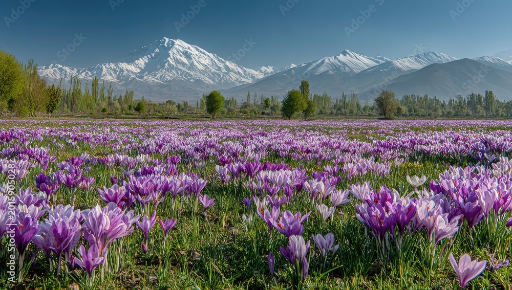 Fototapeta premium Purple flowers blanket a field with snow-capped mountains rising majestically