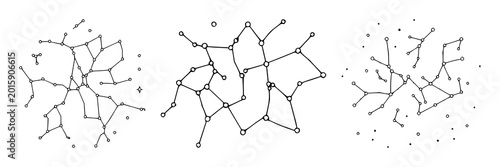 Constellation map set with stylized black line art on white background featuring celestial navigation, astronomy, night sky with stars and arcs