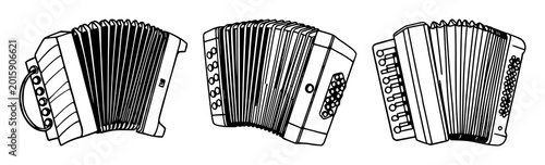 Vintage accordion set with simple black line art style featuring musical instrument, retro design, entertainment with music and old-fashioned art