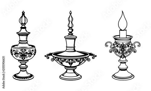 Candle snuffer set with black line art on white background featuring ornate brass, candle snuffer, silhouette design with intricate detail and bright metal finish