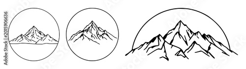 Mountains set with stylized black line art circle design featuring mountain range, line art, black and white with circle and background