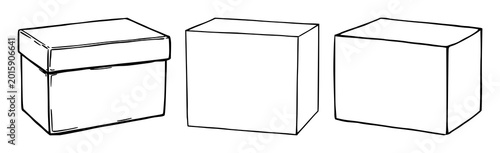 Retro box set with bold black line art on white background featuring shapes, retro design, product packaging with artwork and illustration