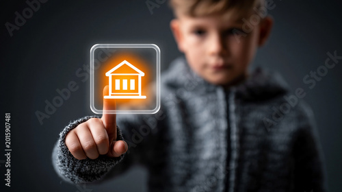 Child pressing glowing orange smart home icon on virtual screen, house security and automation concept